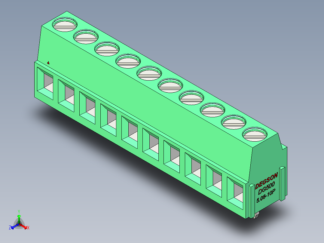 DEGSON DG500 系列 5.05.087.62mm 接线端子-DG500-5.08-10P-14-00AH正等轴测图