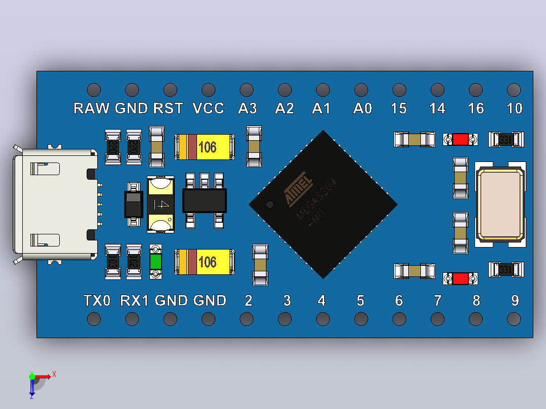 Micro是基于ATmega32U4的微控制器板俯视图