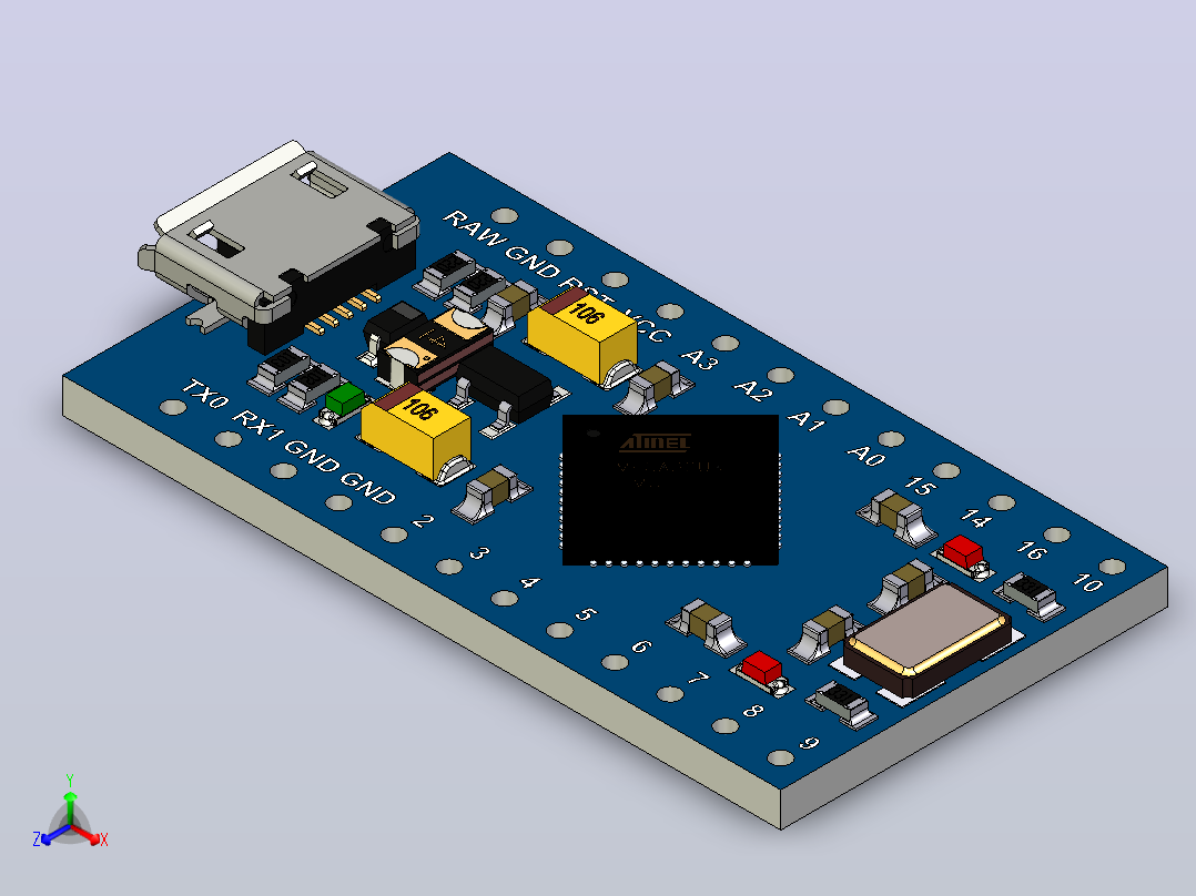 Micro是基于ATmega32U4的微控制器板正等轴测图