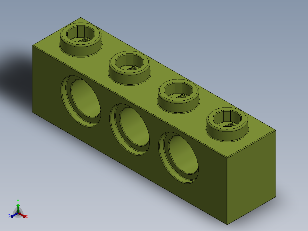 乐高机械组积木（横梁）-3701 Lime - Bright Yellowish Green Technic Brick 1 x 4 with Holes正等轴测图