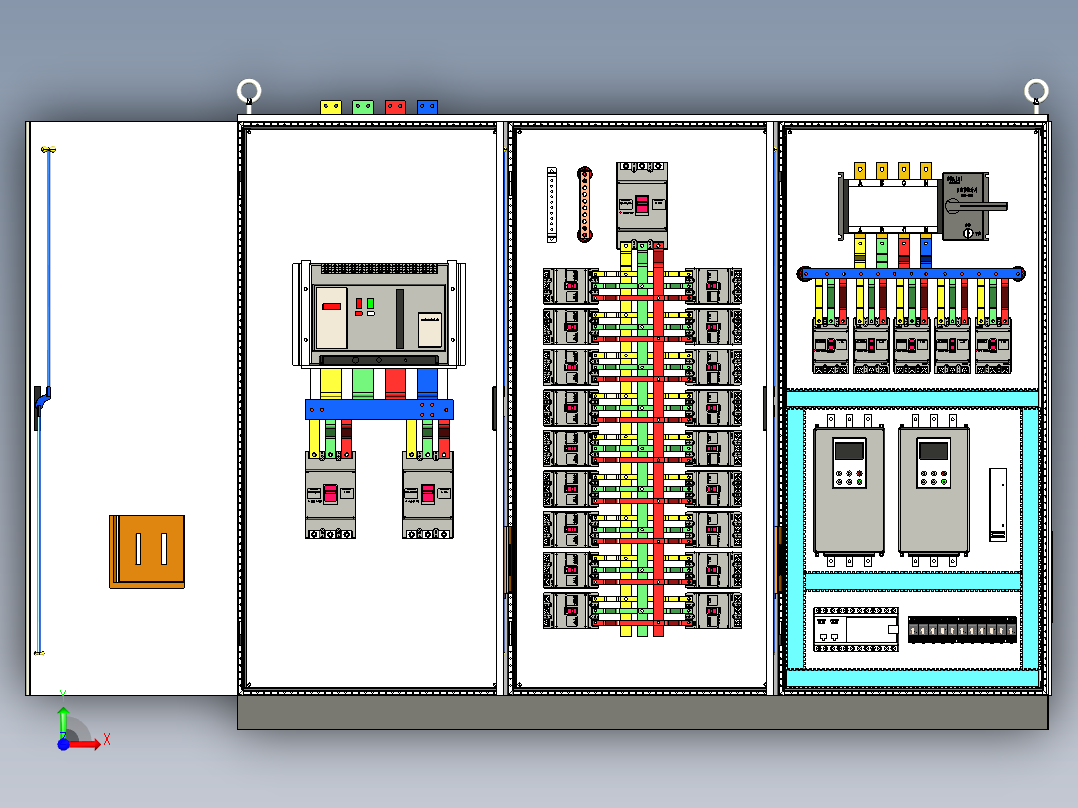 三柜组装万能断路器630A竖装双电源软启动控制柜 55390前视图