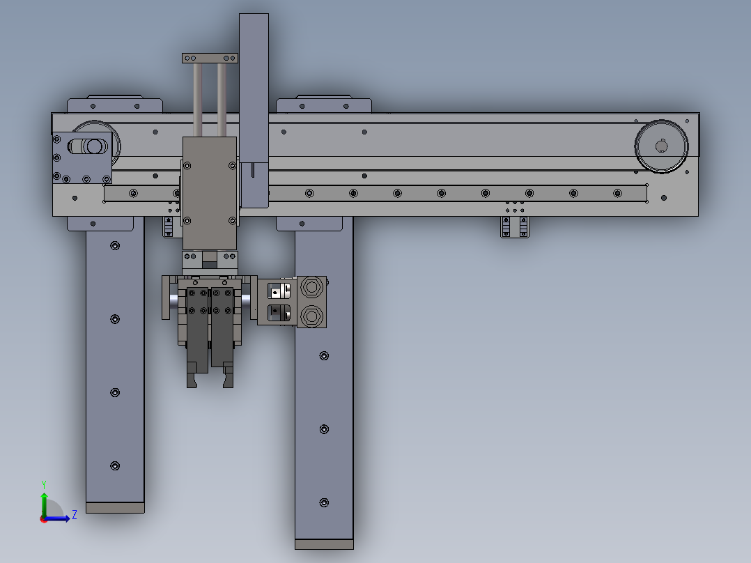 气缸夹取物料双手指气缸旋转及步进电机搬运机械手sw13可编辑左视图