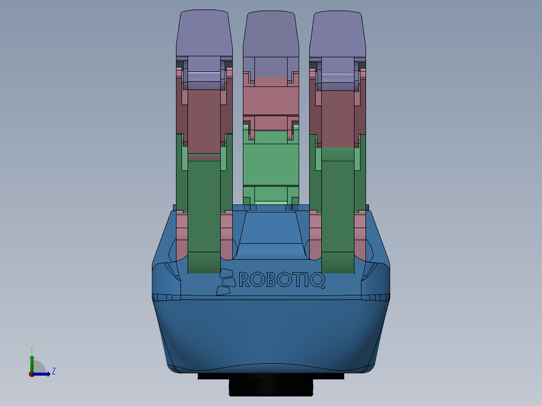 三指自适应机器人手爪夹持器3D图纸 Solidworks设计 附STEP左视图