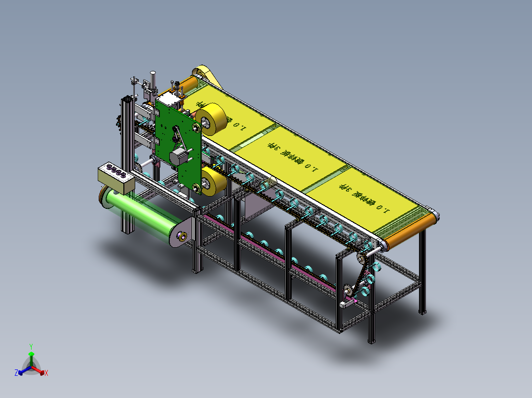 流水线鲜花自动套袋机（sw18可编辑+cad+bom）正等轴测图
