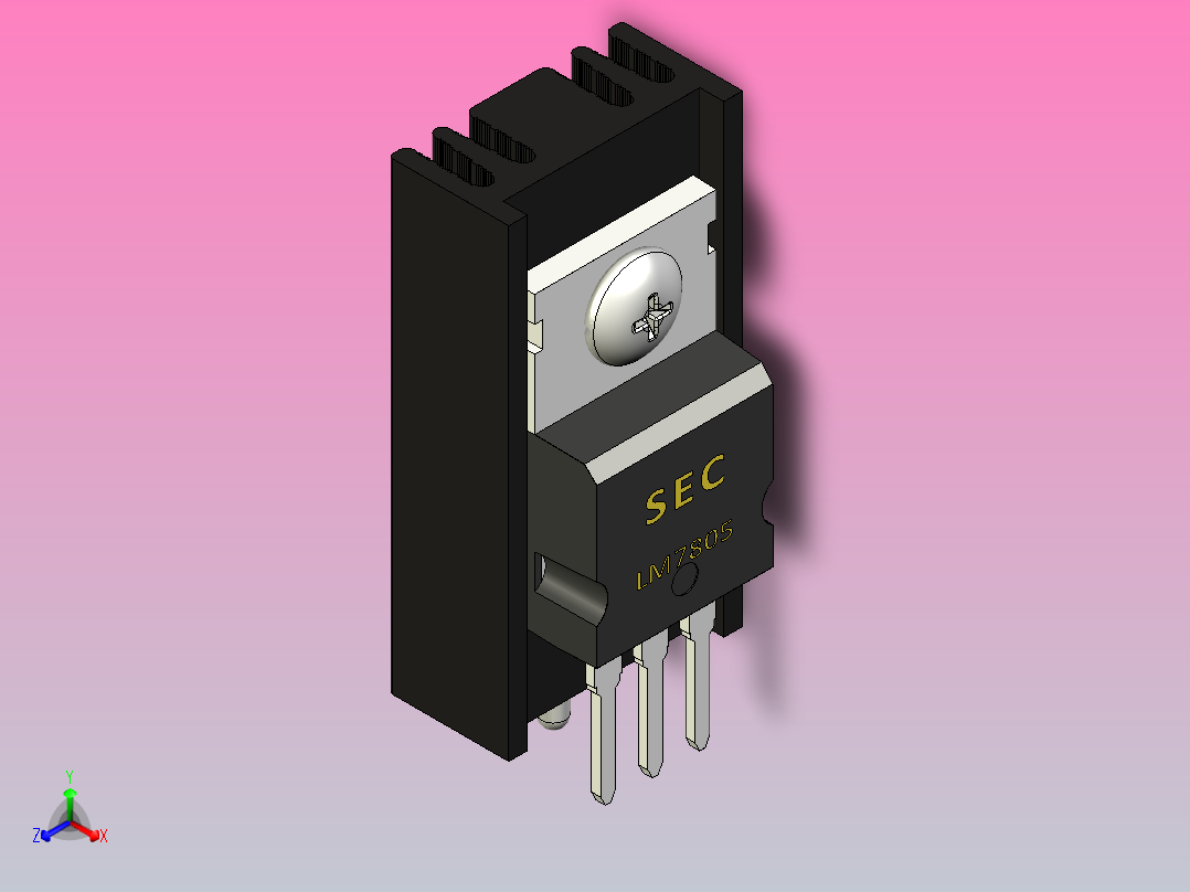 LM7805黑色散热器25 x 12 6 x 6 5 mm孔18 3mm销固定.stp正等轴测图