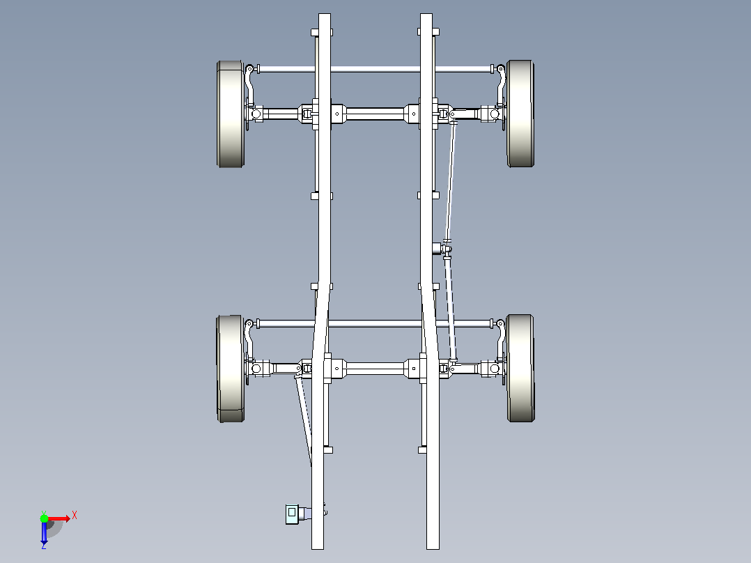 用于8x4尖头式双转向连杆系统车架车斗底盘减震俯视图