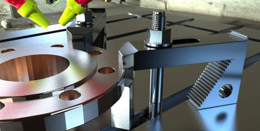 一台CNC钻台，用于钻一个3”的法兰，带有一个钻头、柄轴、夹头和夹具T型螺母和16 MM螺纹杆、冷却液管缩略图