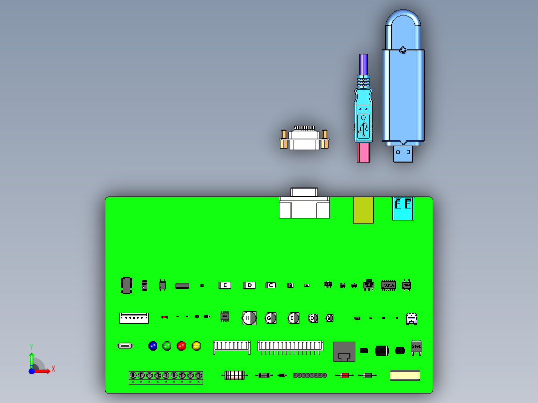 PCB电子元器件集合前视图