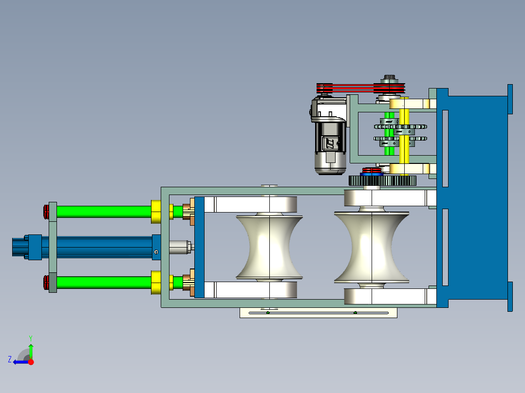 弯管机设计3D图纸+CAD2D图+说明 大直径管材折弯机PROE图纸3d模型右视图