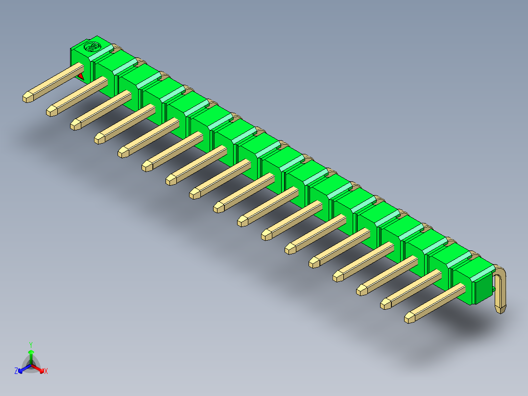 彩色公排针 100mil 2.54mm 系列-DS1022_green_1x17p_100mil_TypeD_rev1.0正等轴测图