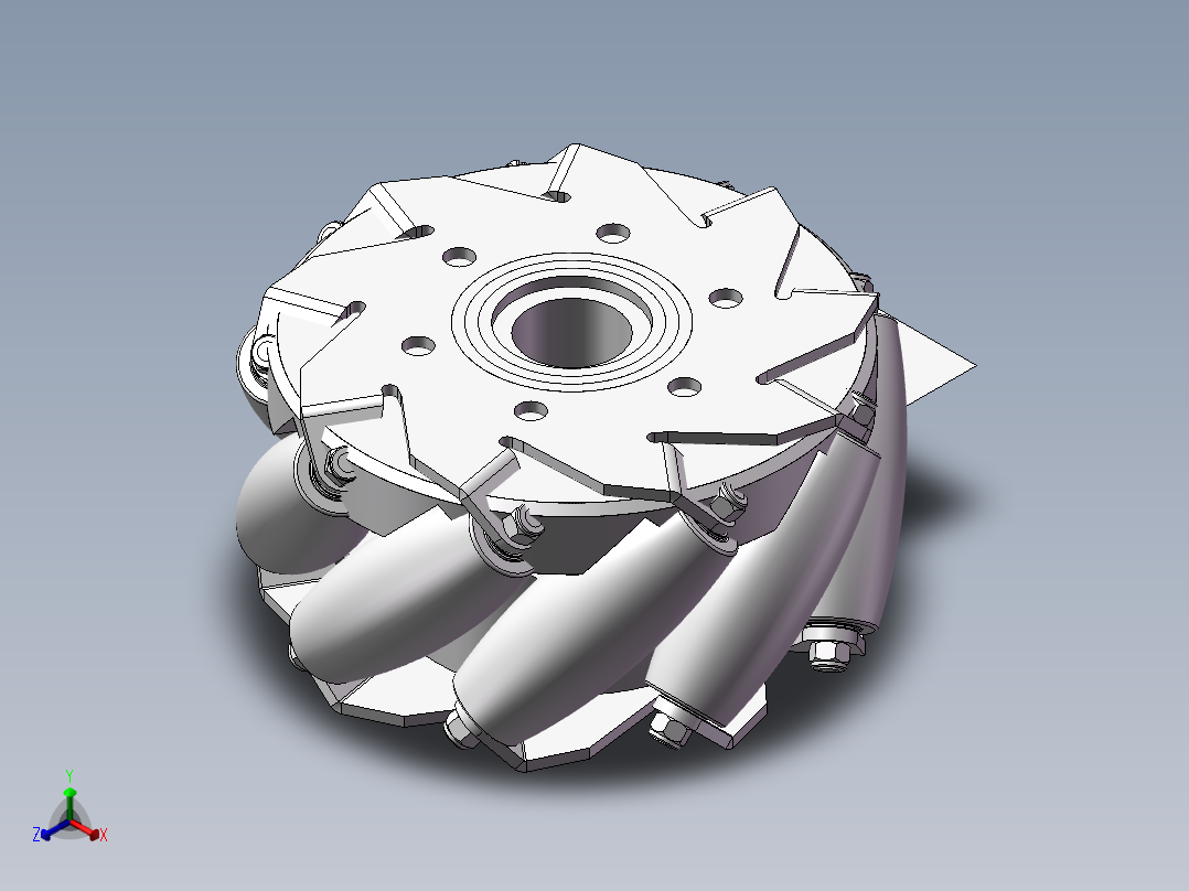 麦克纳姆轮图纸模型AGV全方位轮直径100mm3D三维CAD设计图正等轴测图