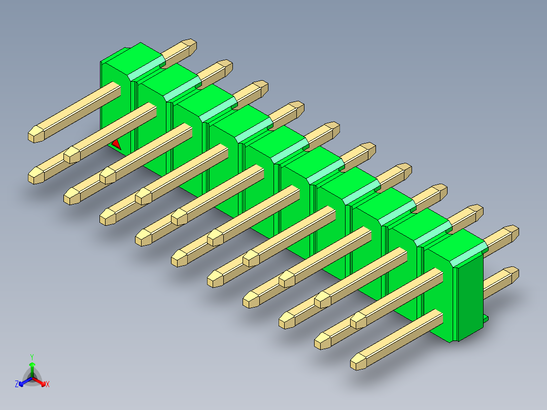 彩色公头100mil（2.54mm）系列-DS1021_green_2x10p_100mil_Type1_rev1.0正等轴测图