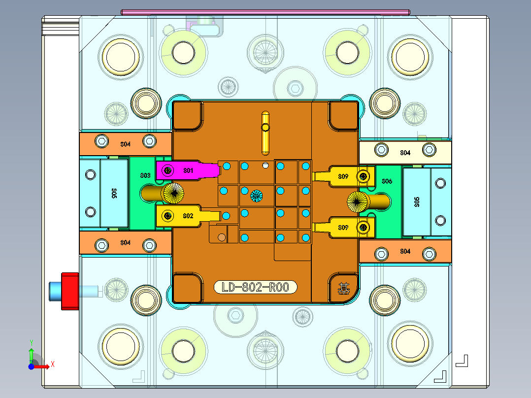 2525-CI-公模滑块带限位夹-机嘴偏心前视图