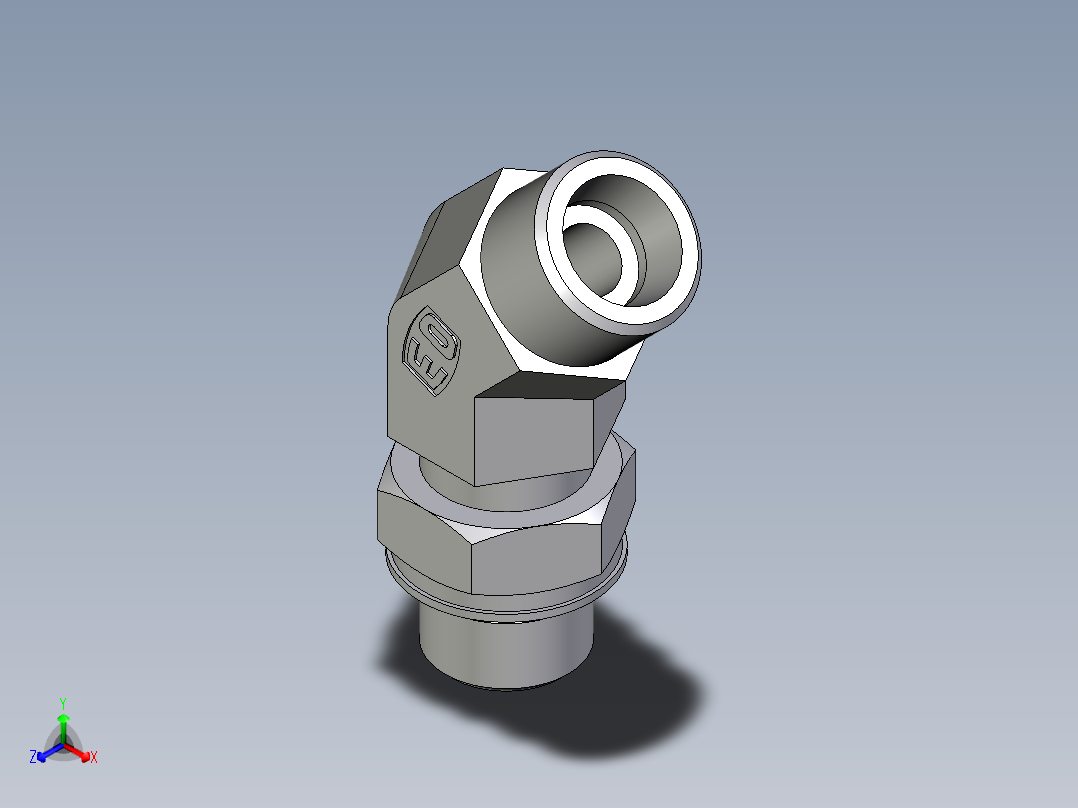 卡套式工业通用硬管接头EO_Adjustable_locknut_45_deg_elbow_VEE12SMOROMDCF正等轴测图
