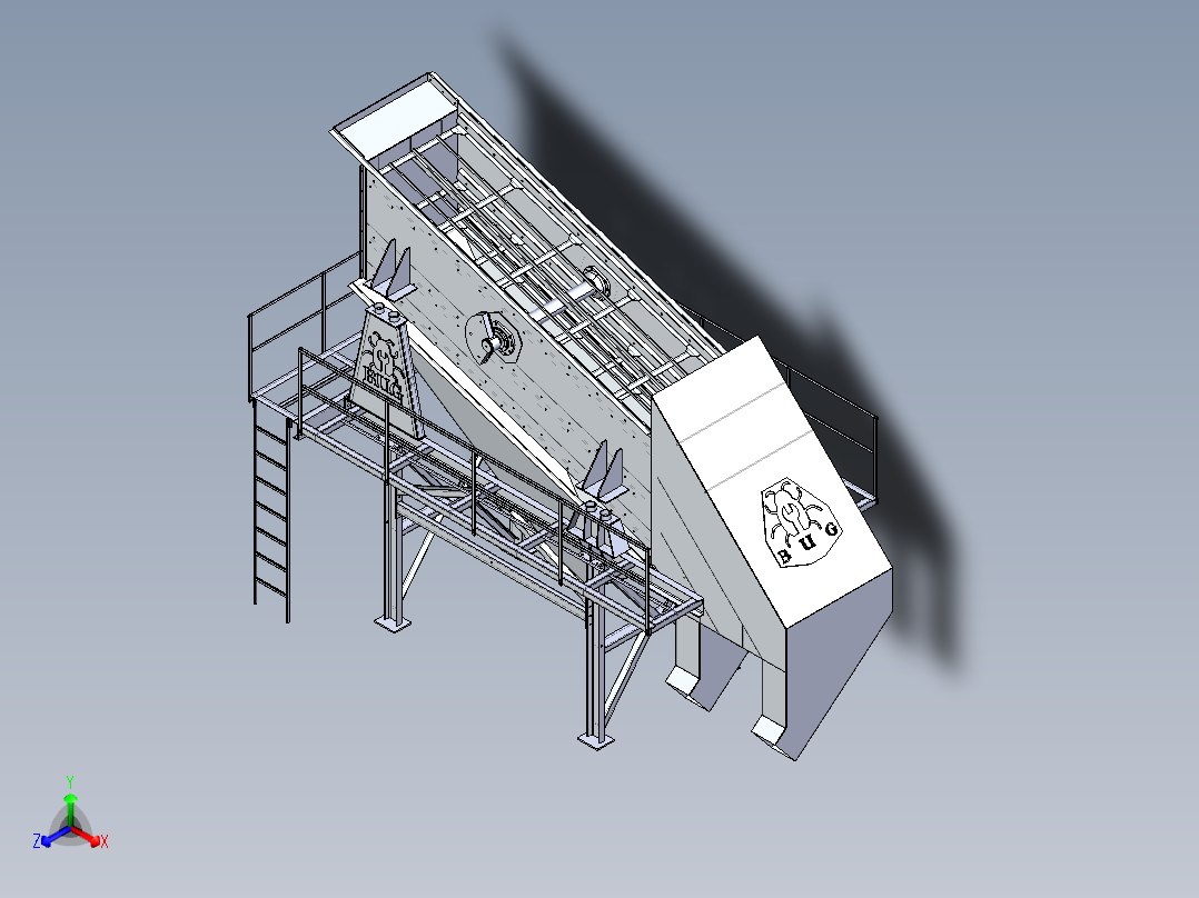 1200X4000X3振动筛系统3D数模图纸 Solidworks设计 附STEP正等轴测图