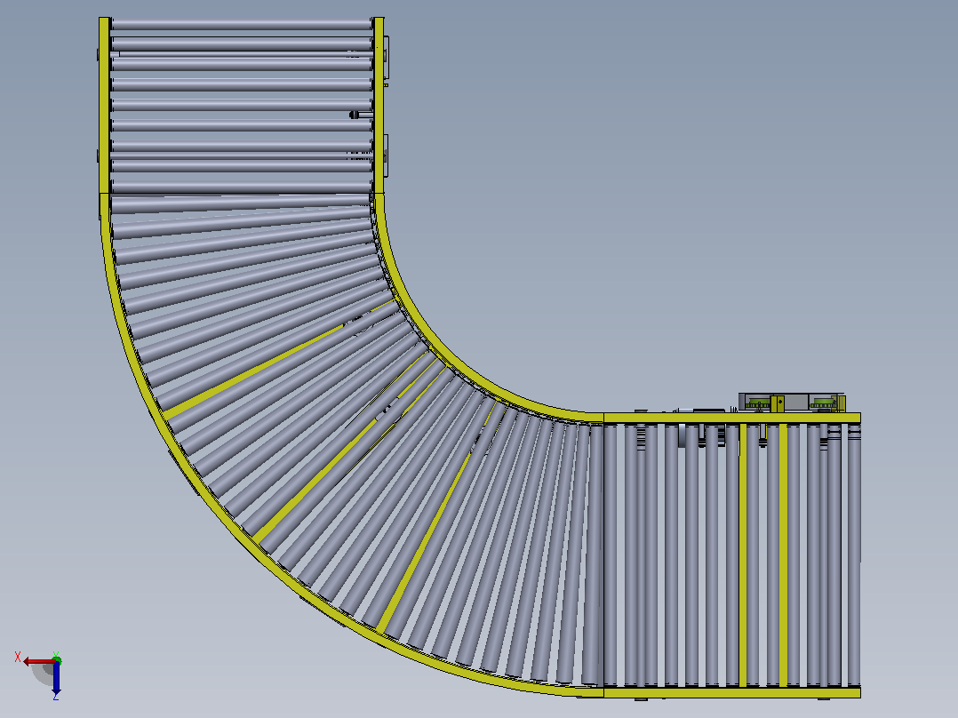 两段90度活辊输送弯道传送机3D图纸 Solidworks设计主视图