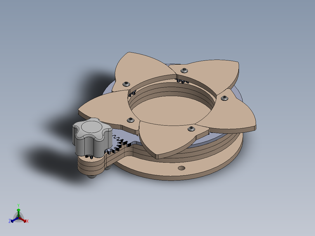 带齿轮旋钮的虹膜盒正等轴测图