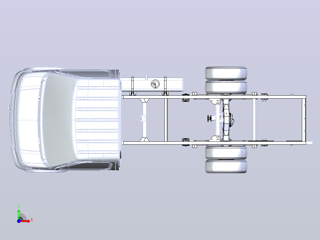 底盘（轴距2850mm）驾驶室、车架、轮胎、燃油箱等机构前视图