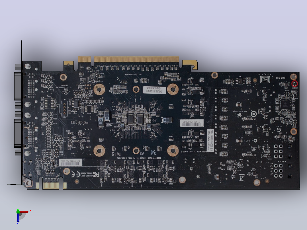 无散热片的Geforce GTX 560 Ti显卡俯视图