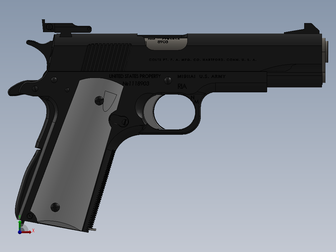 手枪左轮冲锋枪老式狙击步枪设计3D图纸1944-m1911-handgun SW IGS OBJ前视图