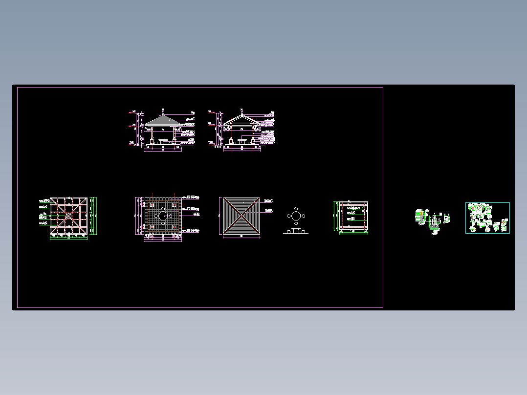 H526现代新中式新古典木结构方形亭子四角亭CAD施工图节点大样图