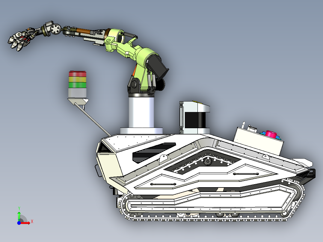 带有机械臂的履带小车机构前视图