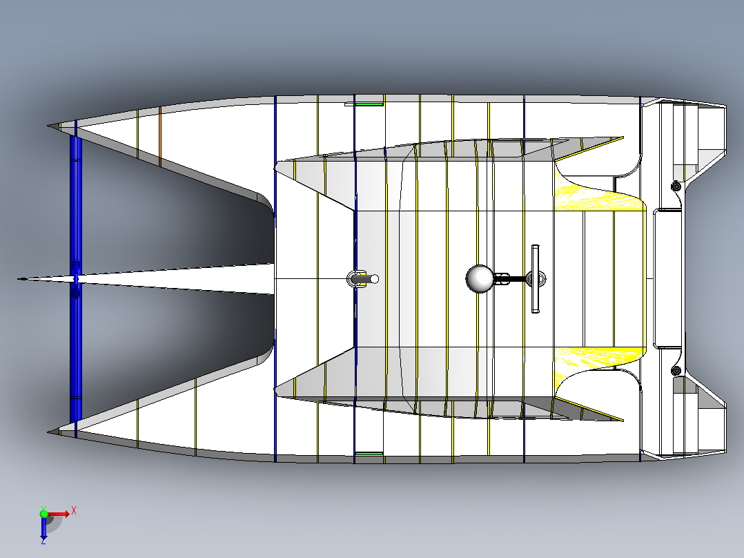 12米双体船3D图纸+Solidworks设计俯视图