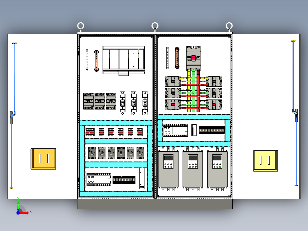 双柜组装刀开关4011+630A竖装plc软启动控制柜前视图
