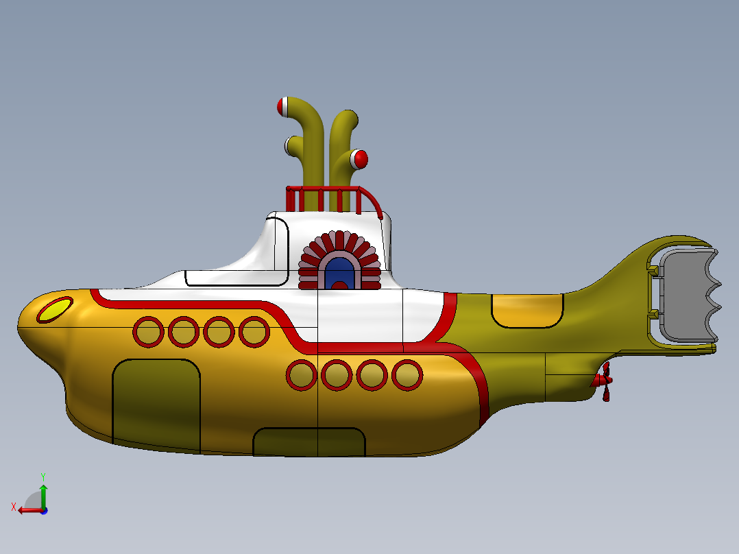Yellow玩具小潜艇模型3D图纸 Solidworks设计后视图