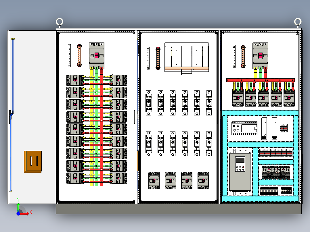 三柜组装630A竖装刀开关软启动plc控制柜 55491前视图
