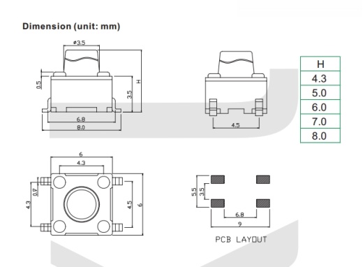 按钮 6x6xH SMD 安装系列。缩略图
