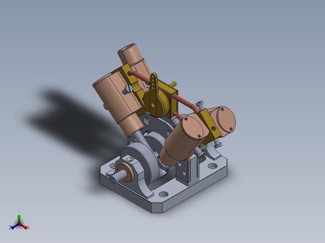 蒸汽机4-cylinder-v-shaped-oscillating-steam-eng-模型格式为 sw正等轴测图