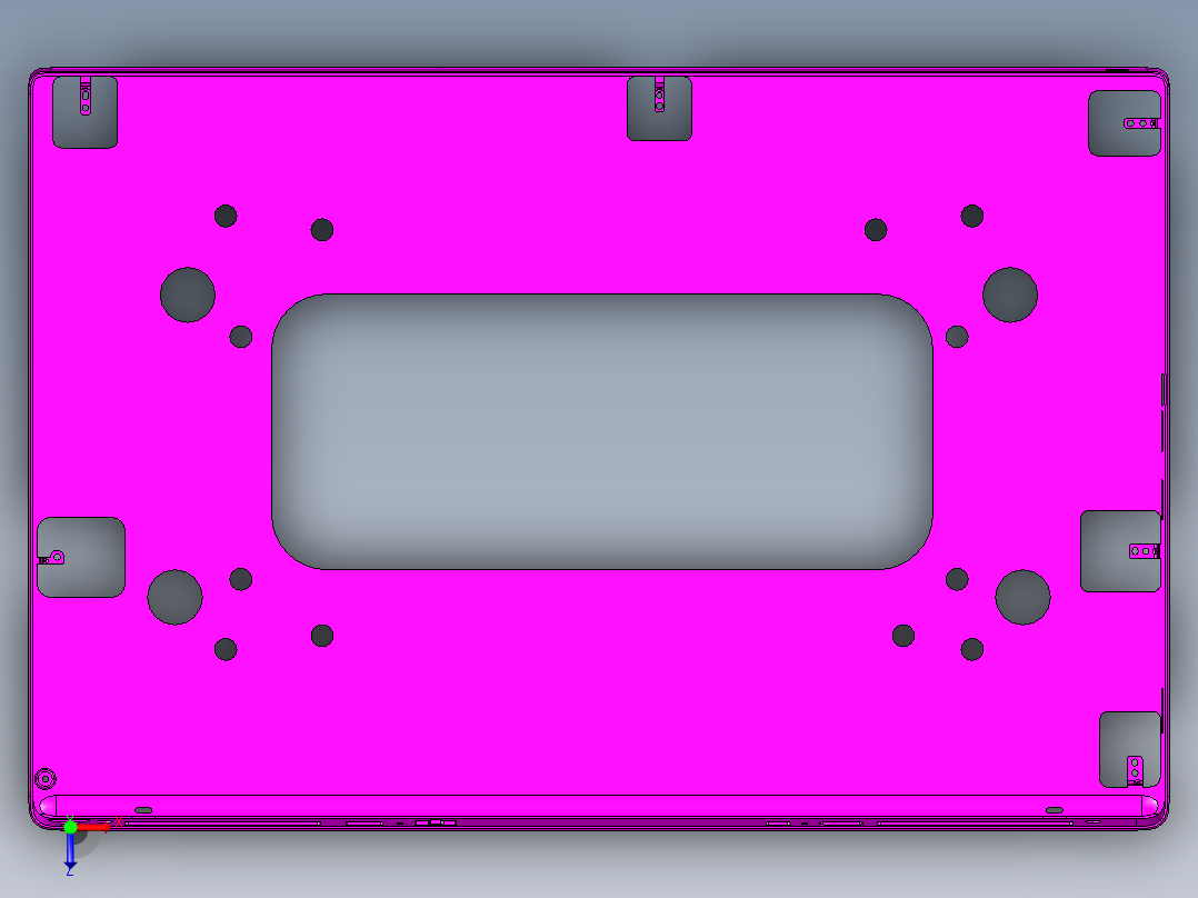 大尺寸电脑中框铣四周侧孔CNC编程程序模型俯视图