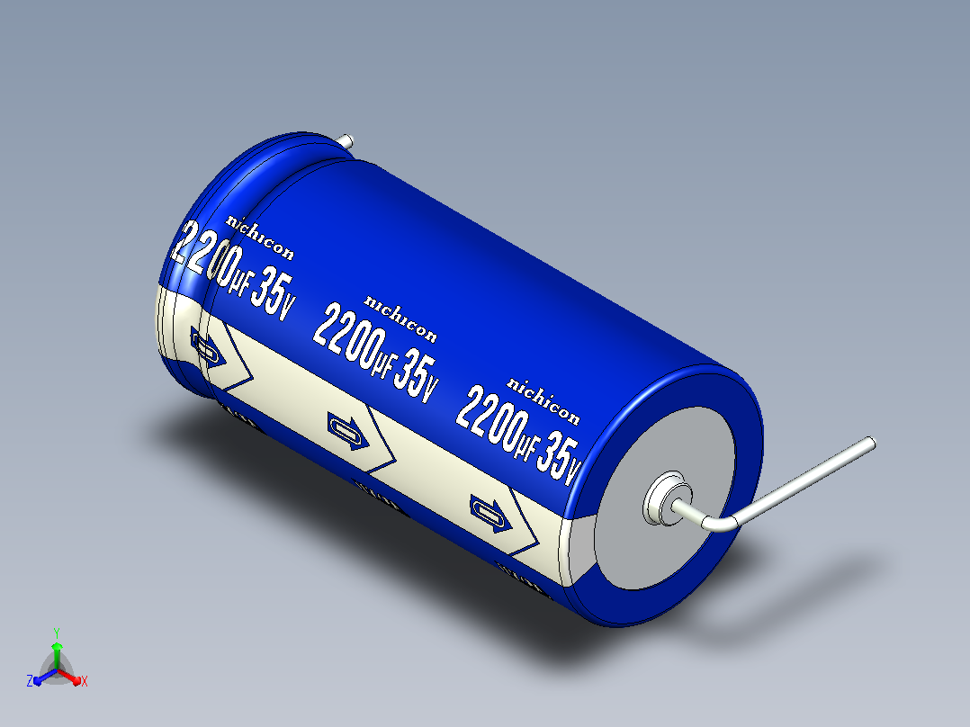 铝制轴向电解电容器。VX系列2200uf 35v。16x32.5mm毫米。间距36至42毫米。电解镍镉电池正等轴测图