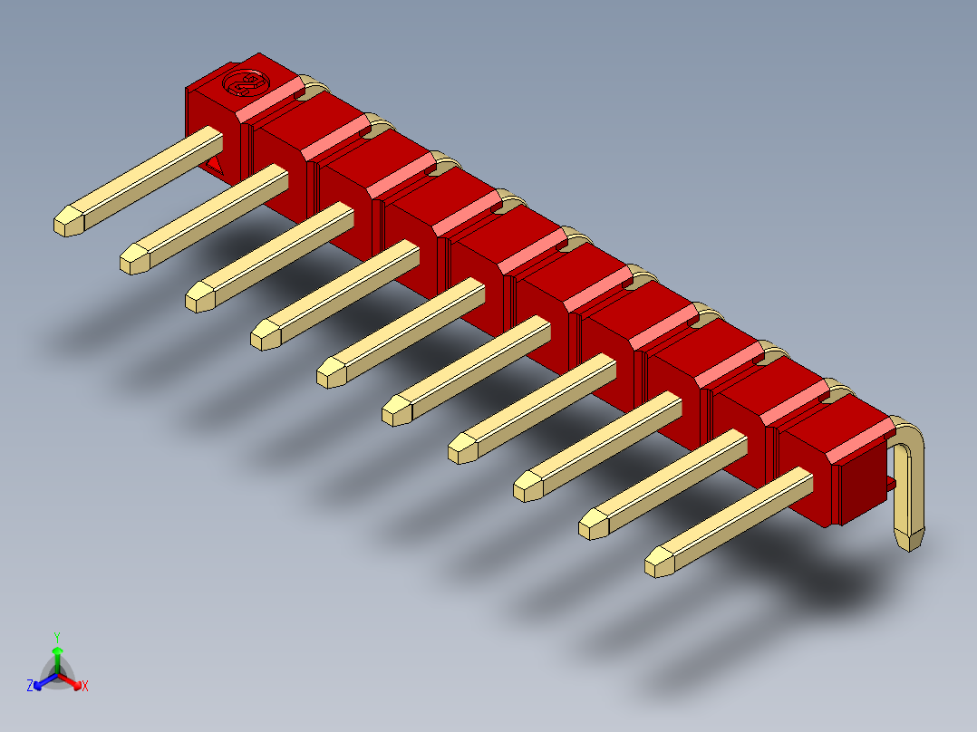 彩色公排针 100mil 2.54mm 系列-DS1022_red_1x10p_100mil_TypeD_rev1.0正等轴测图