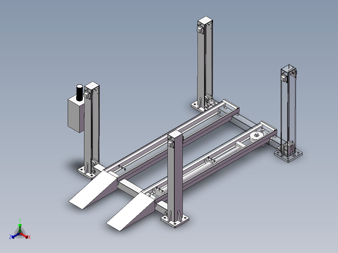 1.5t四柱液压式自动升降平台设计含SW三维及5张CAD图正等轴测图