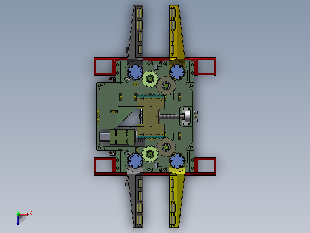 货叉抱夹结构3d图纸 货叉夹紧机械sw结构 车辆抱紧结构3d三维模型俯视图