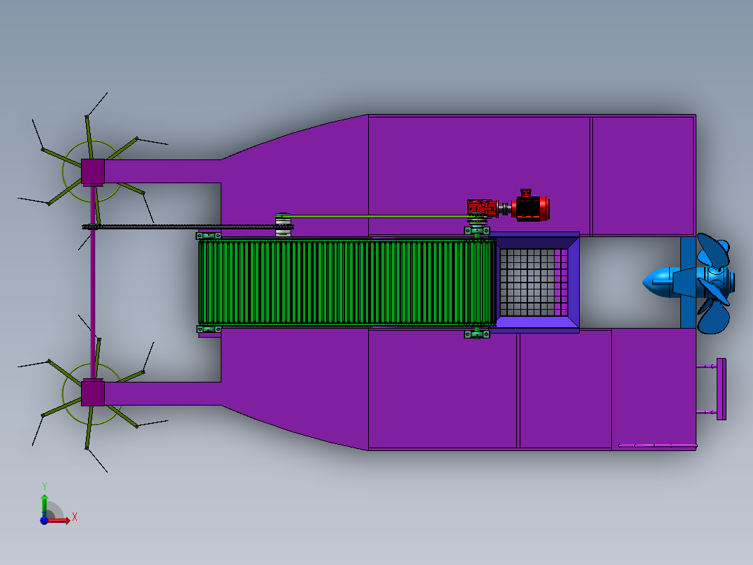 水面垃圾打捞船SW三维+CAD图纸前视图