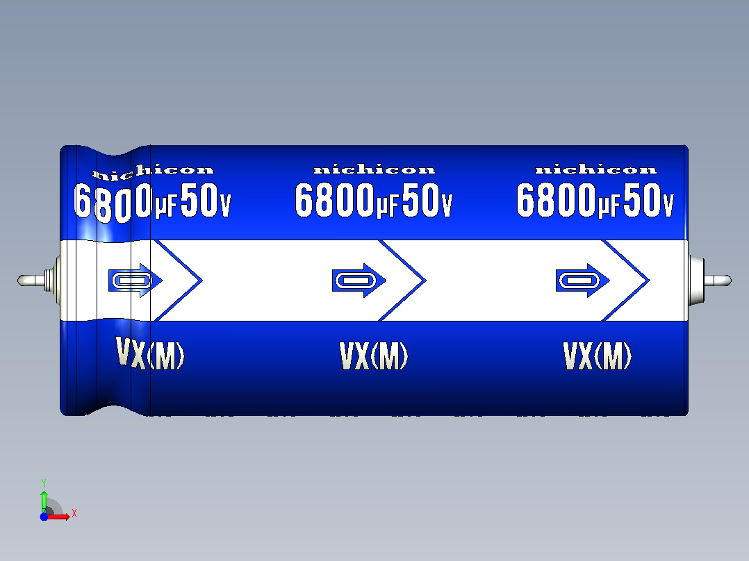 铝制轴向电解电容器。VX系列6800uf 50v。25.5x59mm毫米。间距64至69毫米。电解镍镉电池前视图