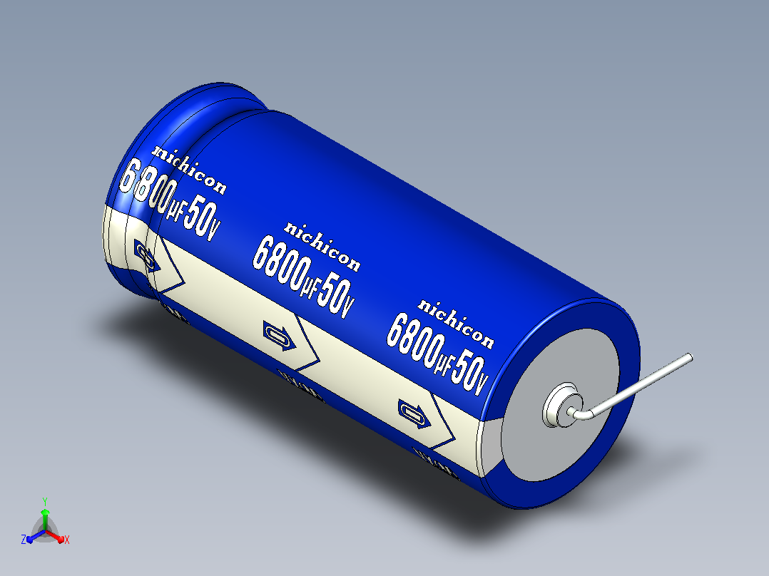 铝制轴向电解电容器。VX系列6800uf 50v。25.5x59mm毫米。间距64至69毫米。电解镍镉电池正等轴测图