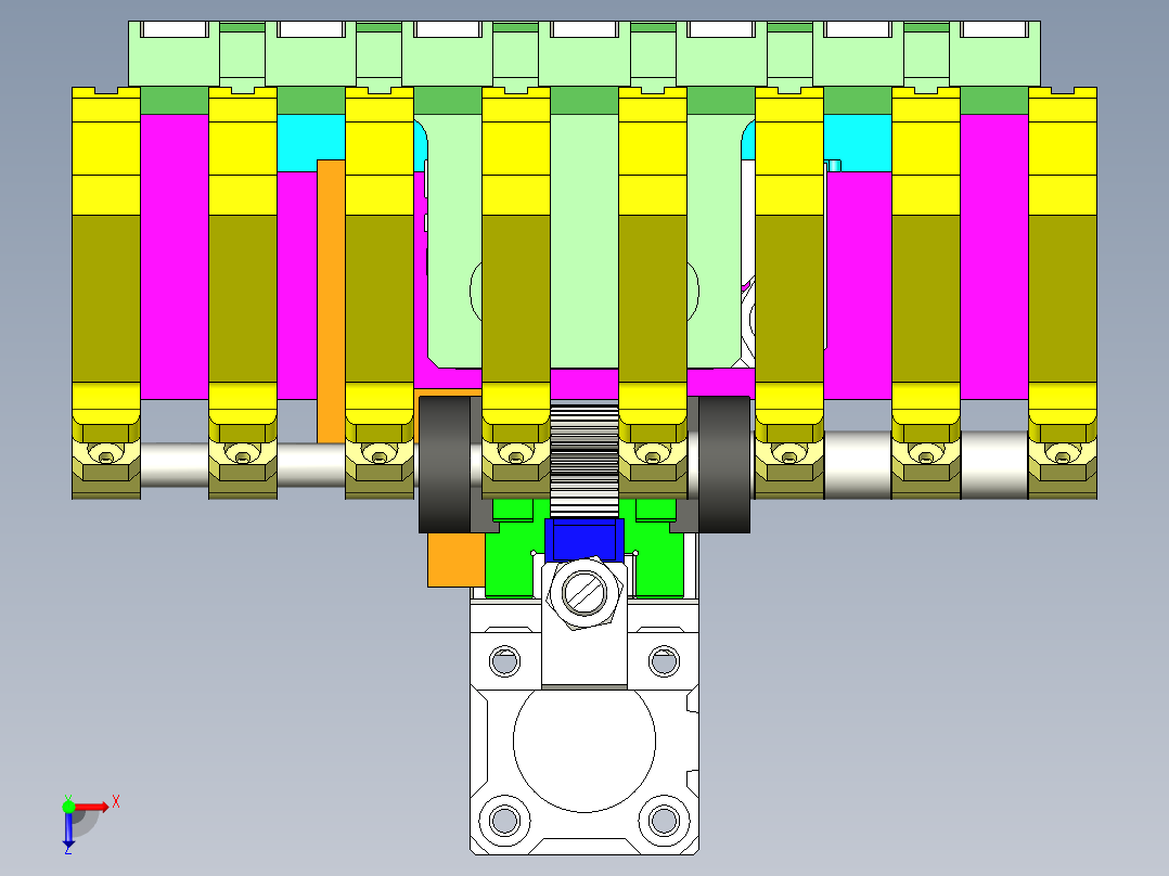 齿轮齿条驱动的夹爪机构俯视图