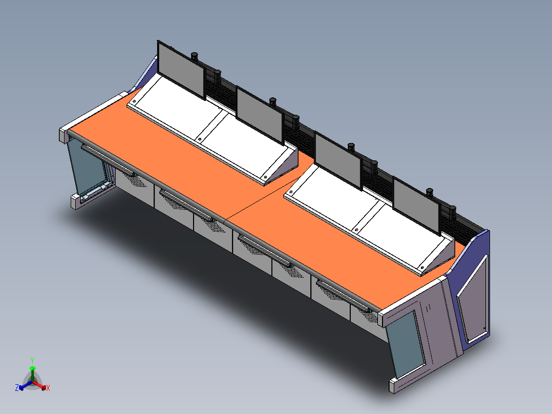 四工位桌面含储物槽造型控制台正等轴测图