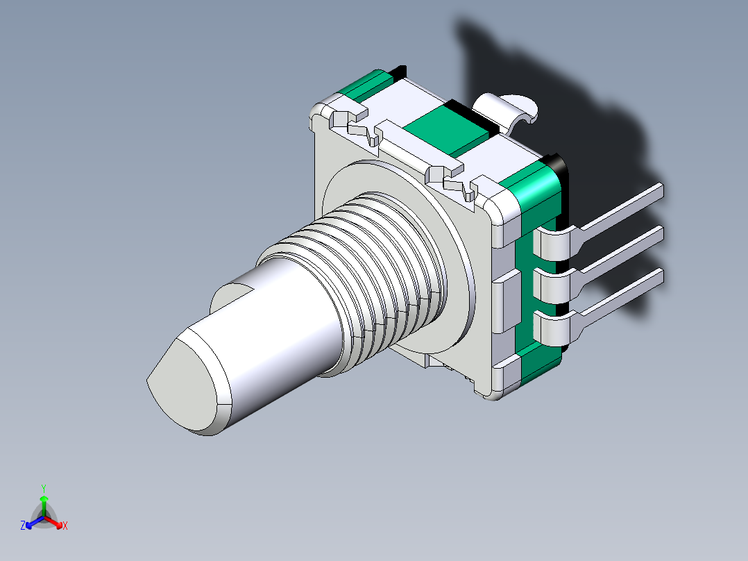 电位器，PCB安装，立式，M7，执行器高度15毫米，总高度21.8毫米正等轴测图