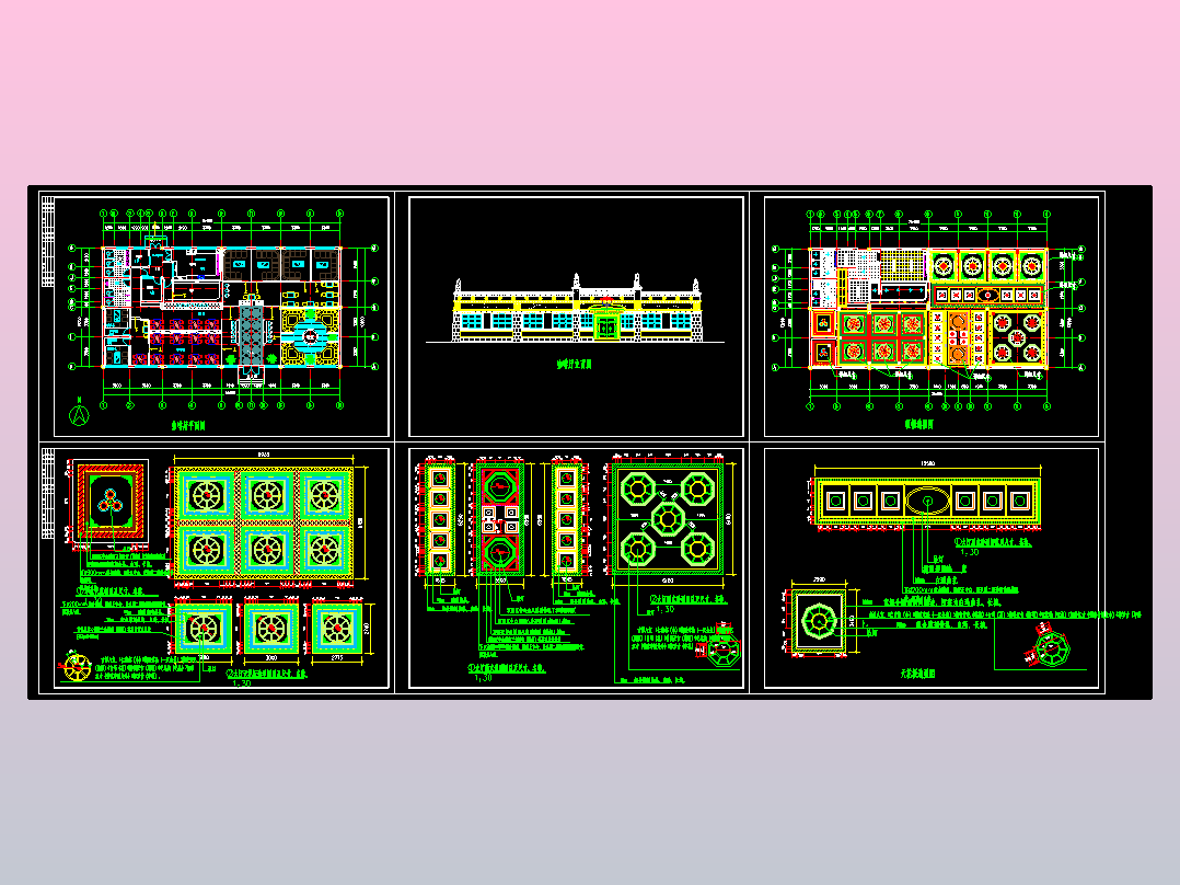 长26.4米 宽13.2米 单层藏式咖啡厅装修方案（平面 立面 顶棚造型图 天花板造型 大厅顶式造型）