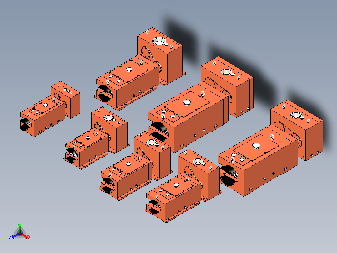 SZ系列锥形双螺杆挤出机齿轮箱7种型号模型正等轴测图