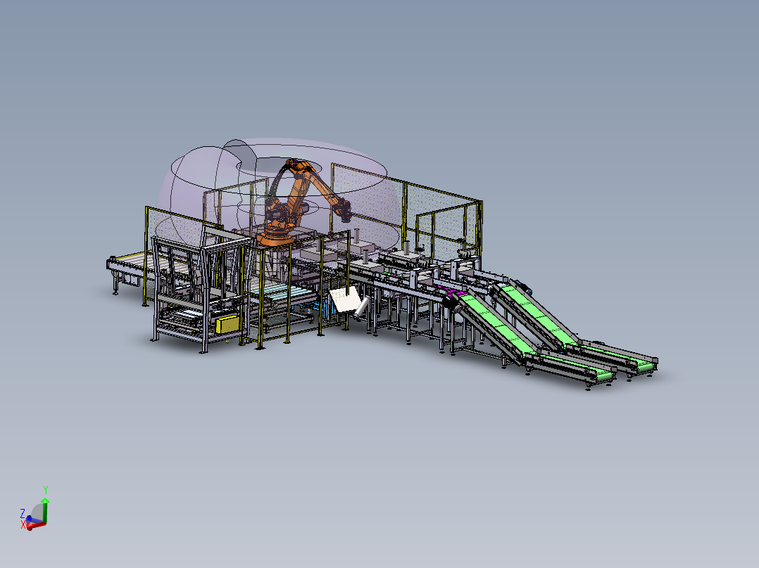 压包码垛滚筒输送线3d图纸 机器人分包滚筒流水输送线3d三维模型