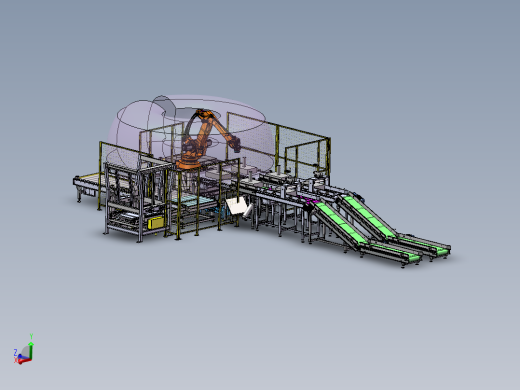 压包码垛滚筒输送线3d图纸 机器人分包滚筒流水输送线3d三维模型