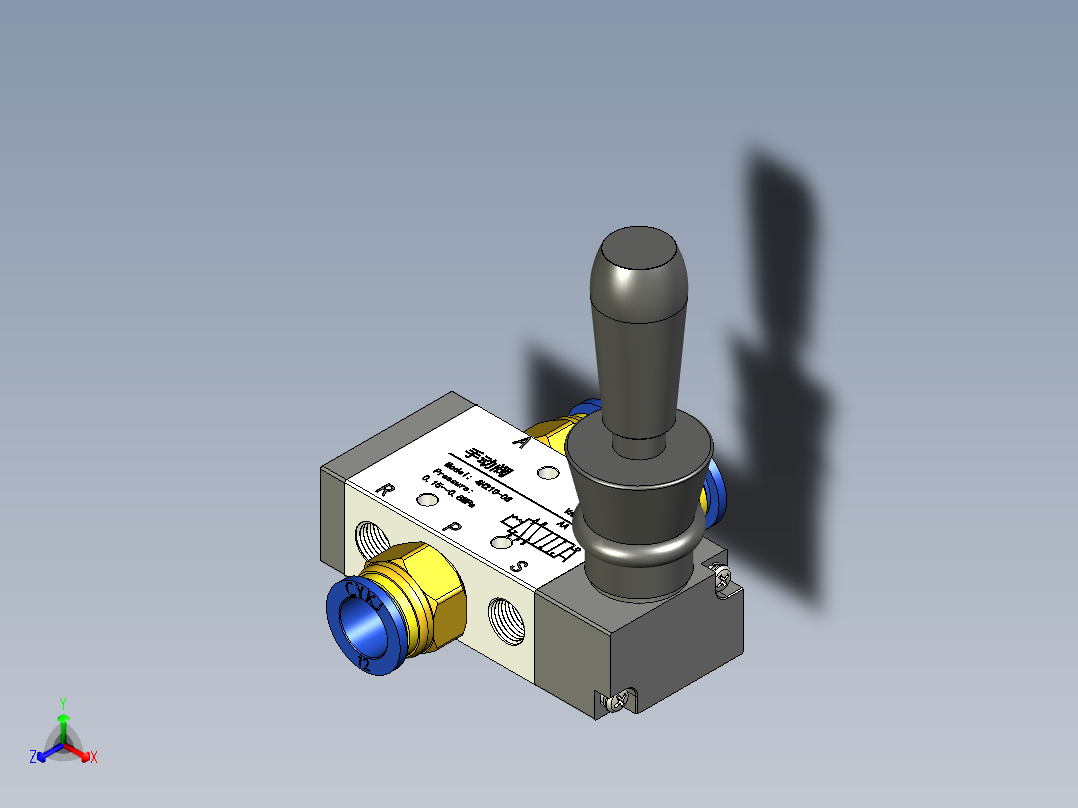 两位五通气路开关手动机械阀（手扳阀）正等轴测图
