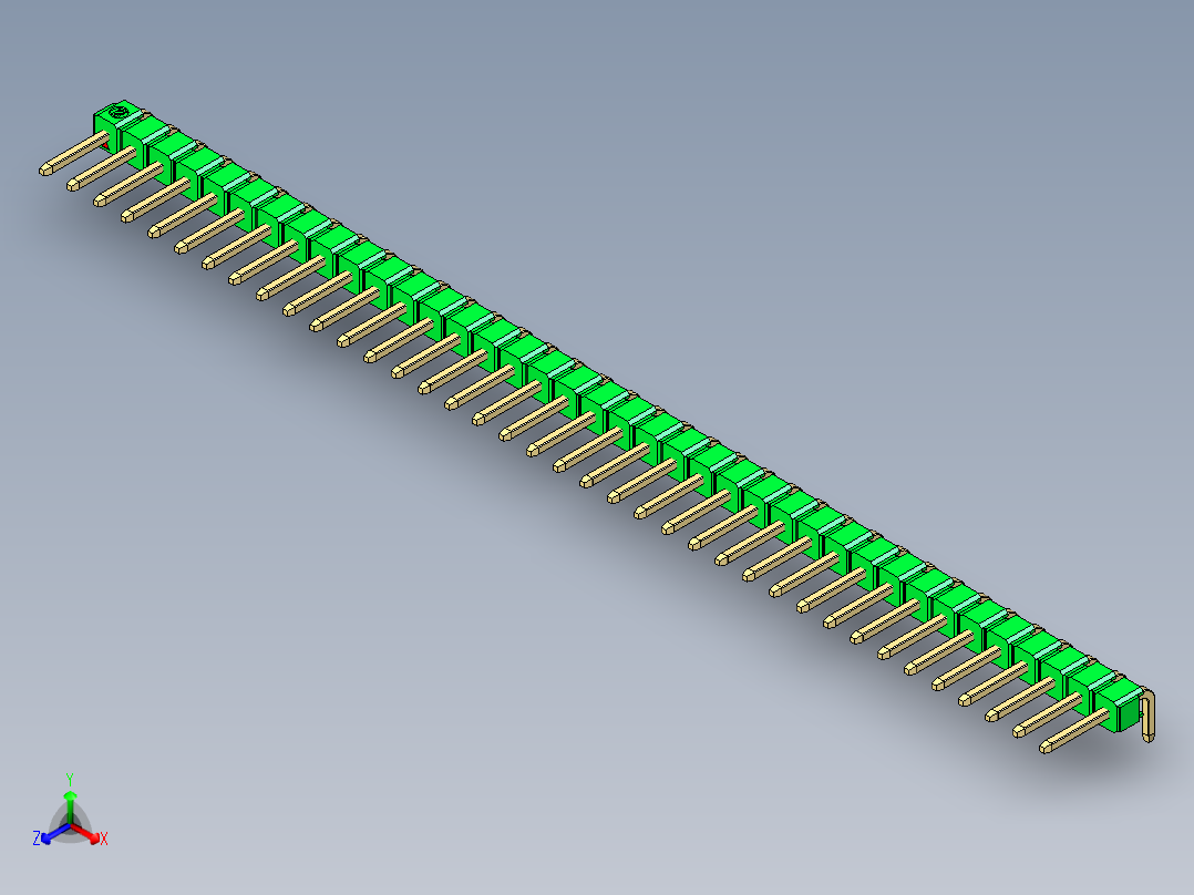 彩色公排针 100mil 2.54mm 系列-DS1022_green_1x38p_100mil_TypeD_rev1.0正等轴测图
