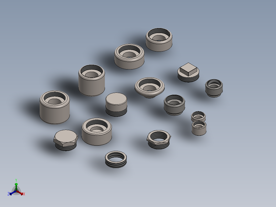 螺纹联轴器、凸台、盖、联轴器、插头和衬套正等轴测图